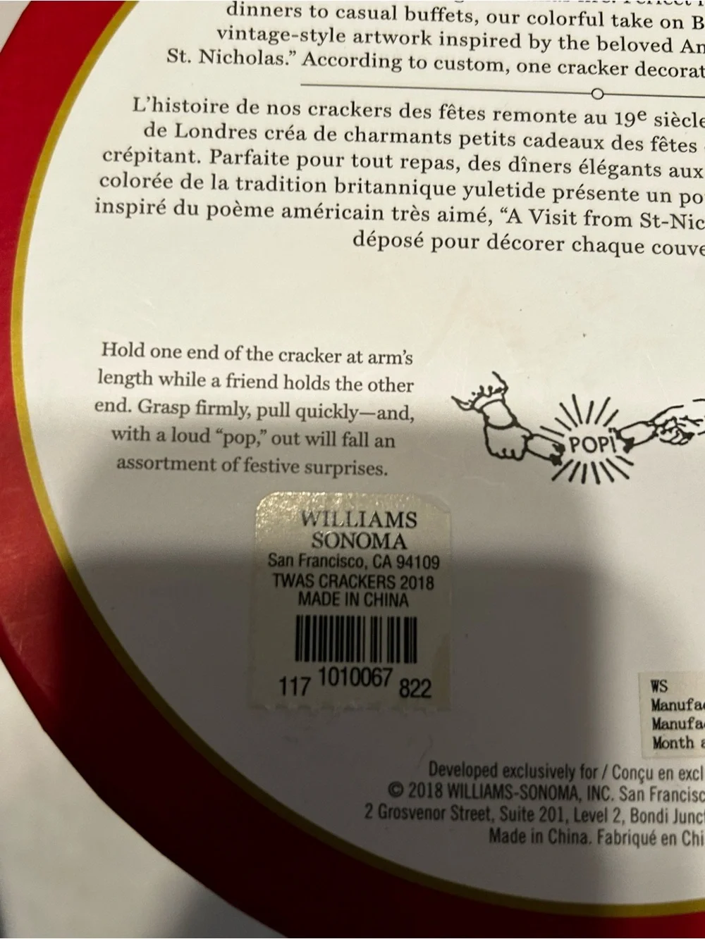 NEW/DEAD STOCK WILLIAMS SONOMA “ TWAS THE NIGHT” HOLIDAY CRACKERS SET OF 12 2018